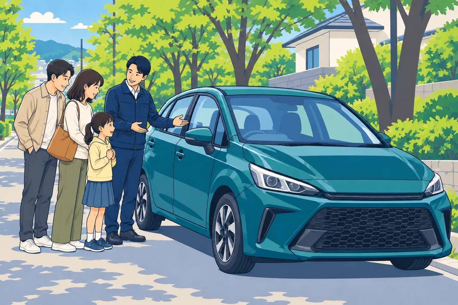 家族で展示車を見学する架空のキャンペーンのイラスト