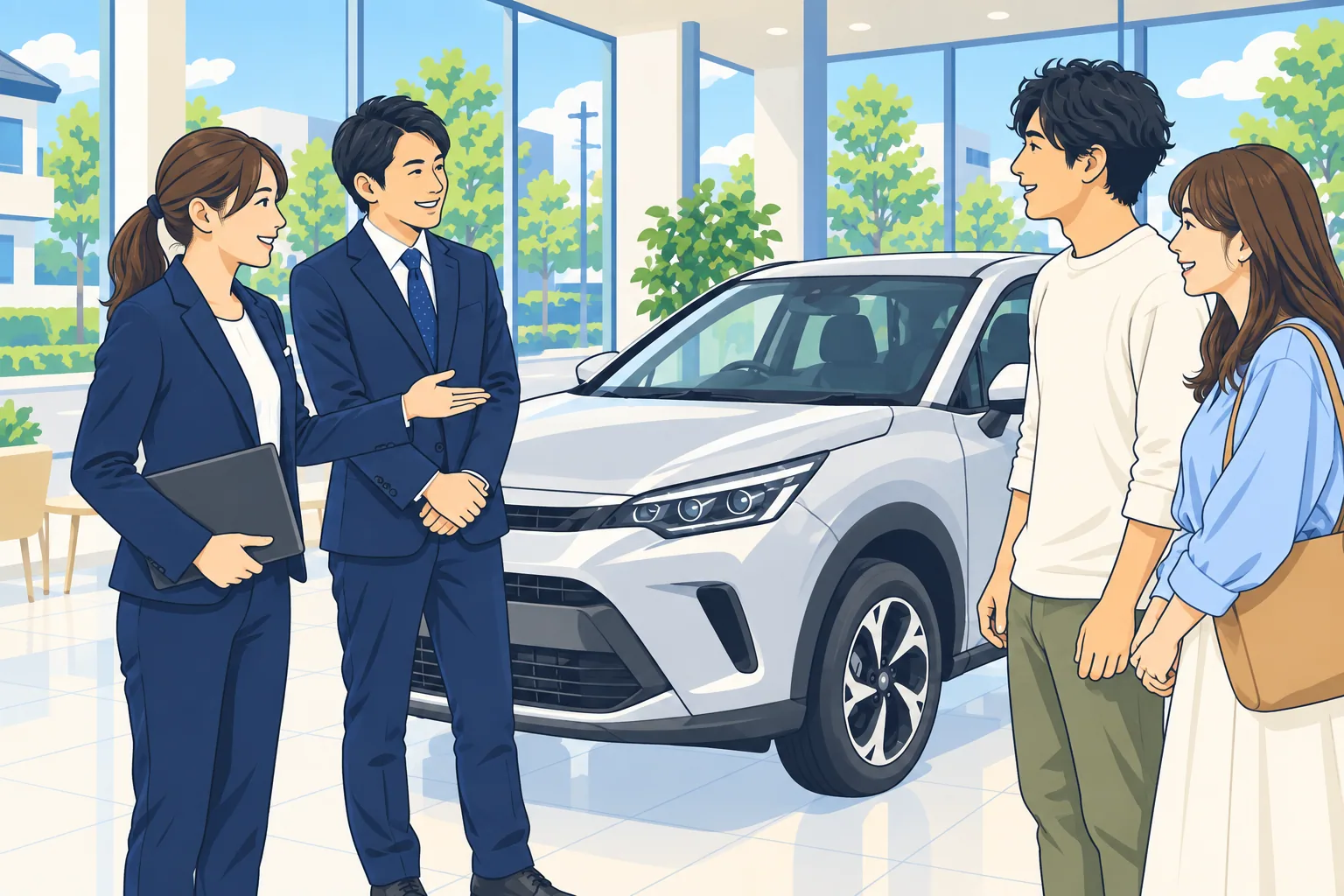 販売店でスタッフがお客様を迎える架空のシーンのイラスト