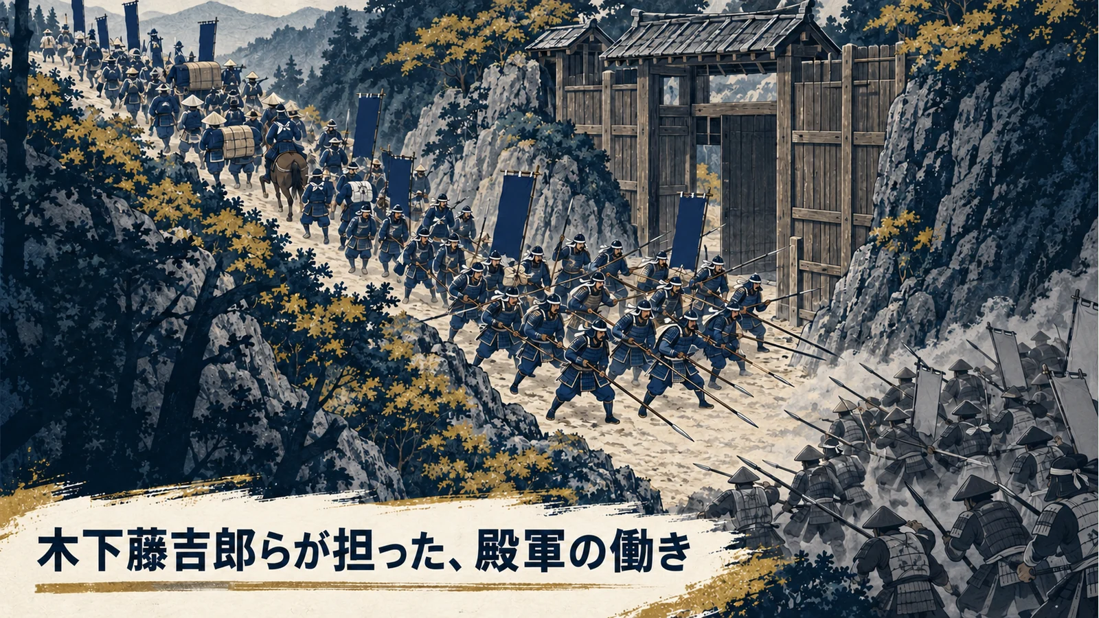 城に続く狭い森の道を殿軍が守り、その背後から本隊が退却していく金ヶ崎の退き口のイラスト