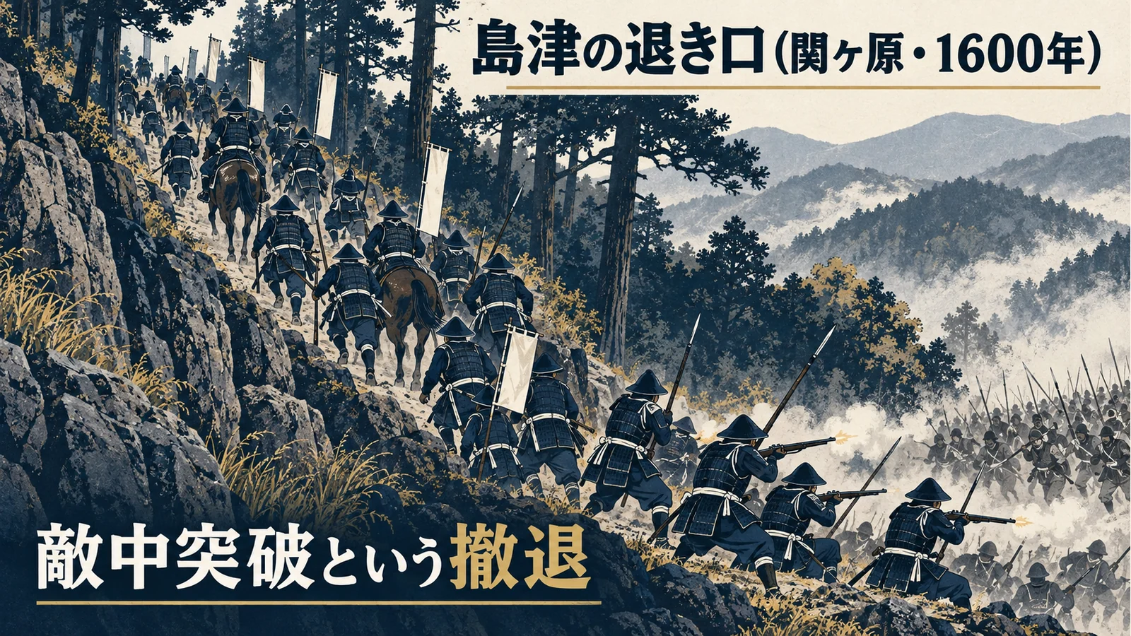 島津の退き口を題材に、森の退路で鉄砲隊が追撃を止め、その間に騎馬の本隊が先へ進む図