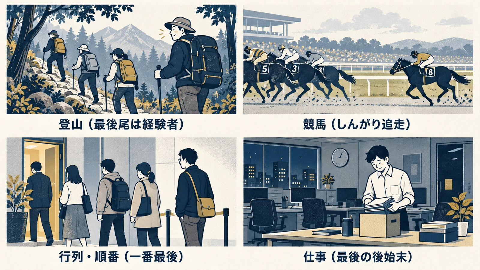 登山の最後尾、競馬の最後方、行列の一番最後、仕事の後始末という現代の四つの用例