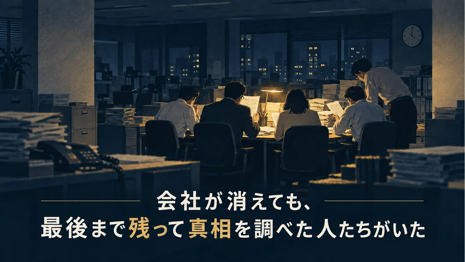 暗いオフィスの一角で、複数の社員が書類の調査に取り組む、現代のしんがりのイメージ